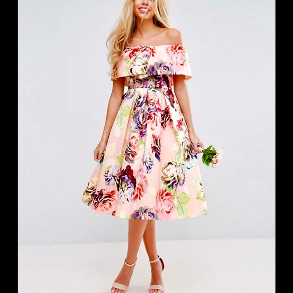 US 14 ASOS Bardot Floral off Shoulder Midi Dress